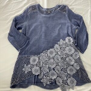Krazy Kat Womens Blue Gauze Tunic Top Sz XL Lace Appliqué Asymmetrical Hem Boho